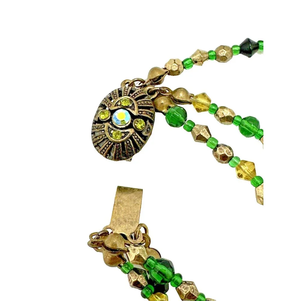Vintage Green Gold Multi Strand Bead Necklace Boho Crystal Accents Box Clasp 16